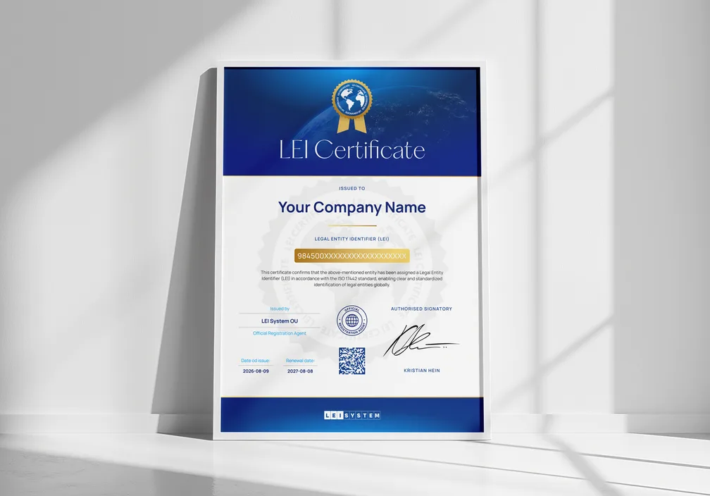 Un certificado LEI impreso