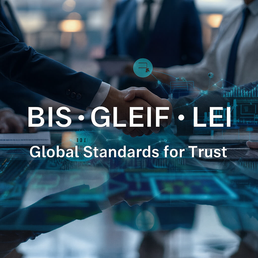 Apretón de manos con superposición de red digital y texto BIS • GLEIF • LEI – Estándares Globales para la Confianza