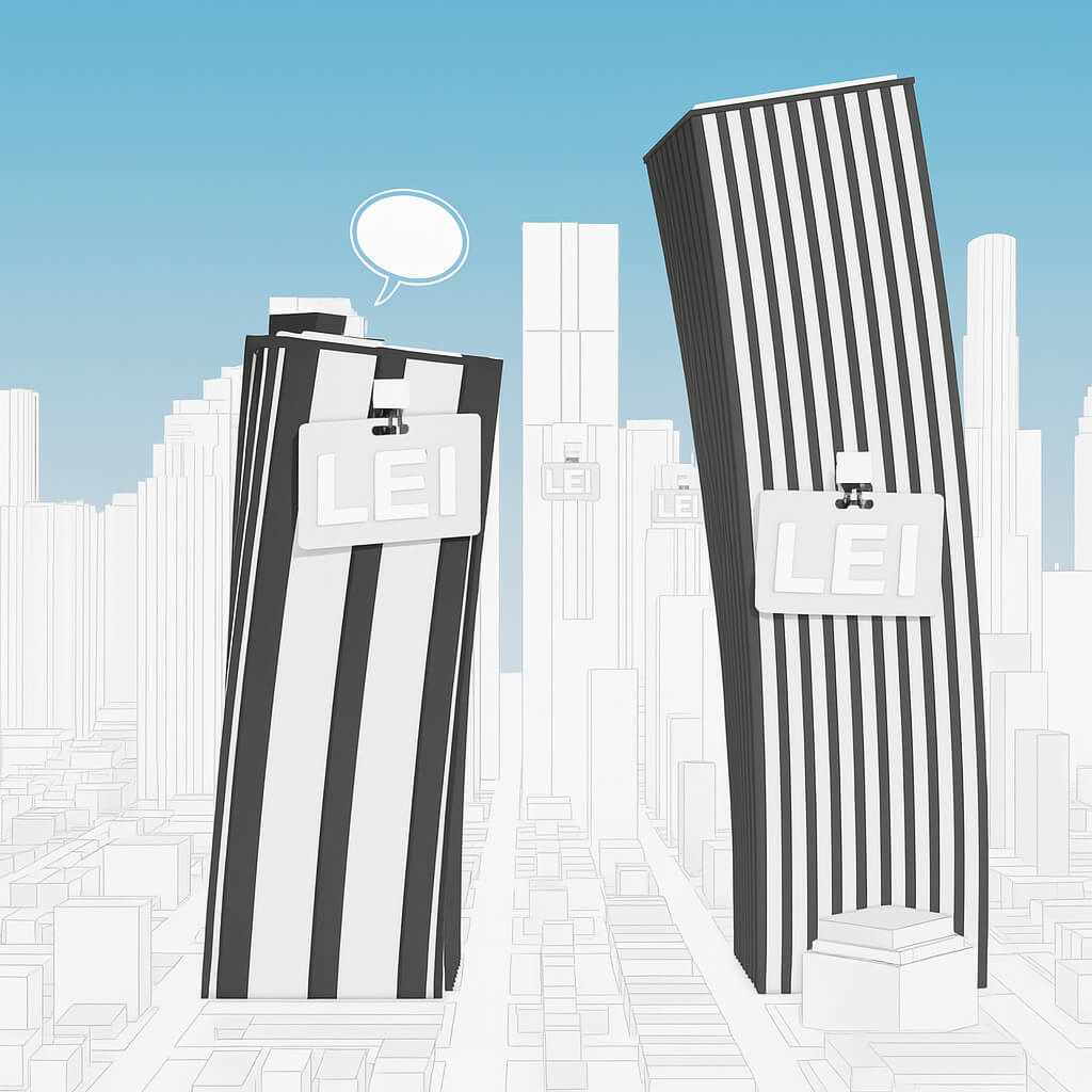 Ilustración de edificios de negocios que llevan distintivos LEI, que simboliza el uso del identificador de entidad jurídica en el sector empresarial