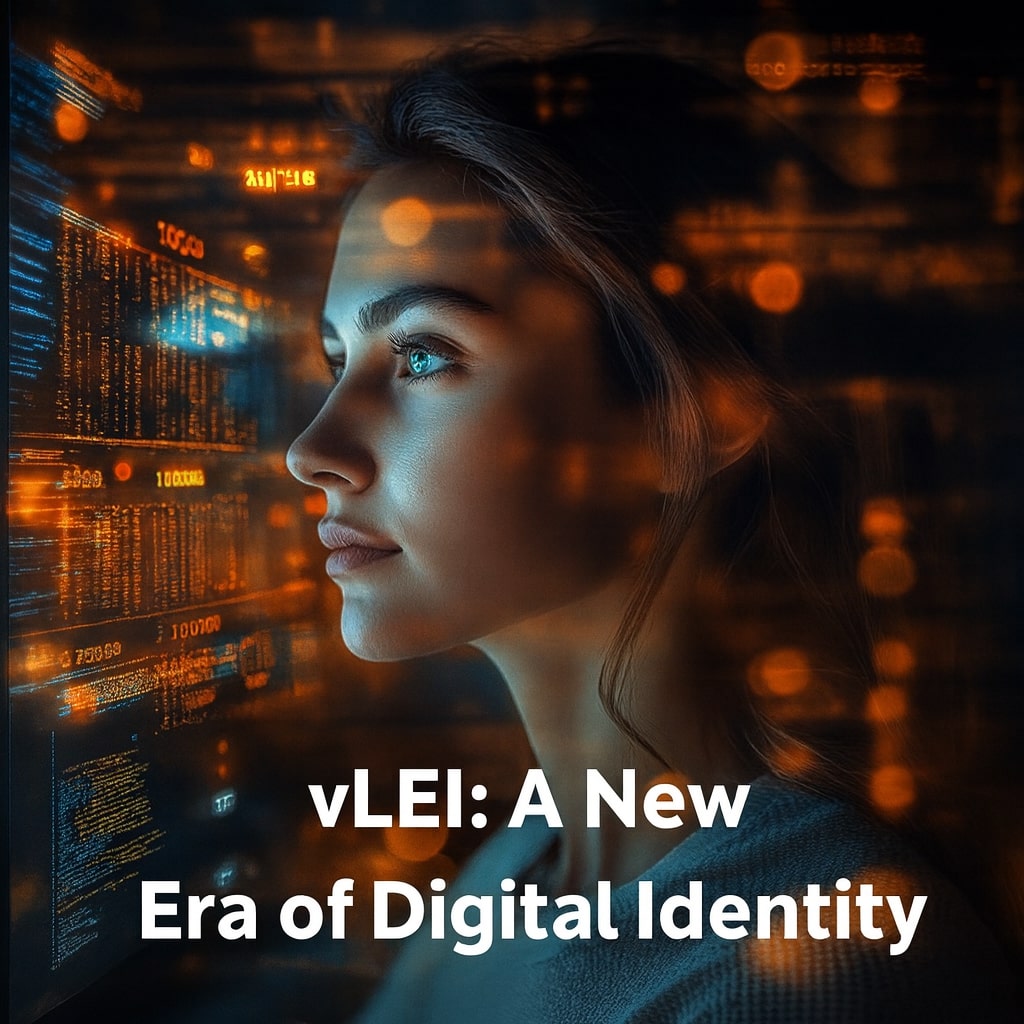 Una persona que analiza datos de identidad digital en una interfaz futurista, que ilustra el concepto de identidad digital vLEI.