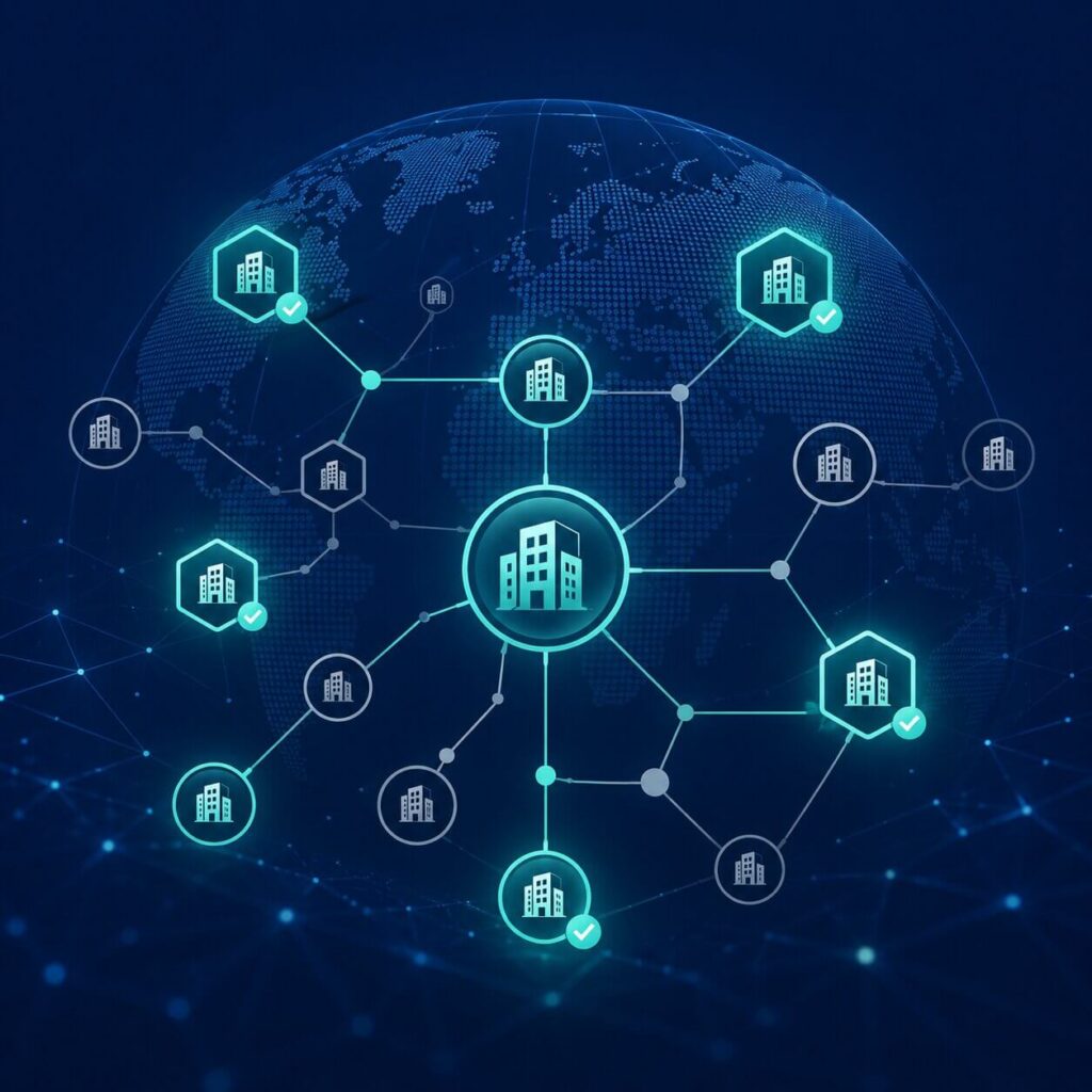 Red global de entidades jurídicas verificadas y no verificadas que ilustra el proceso KYB mediante códigos LEI